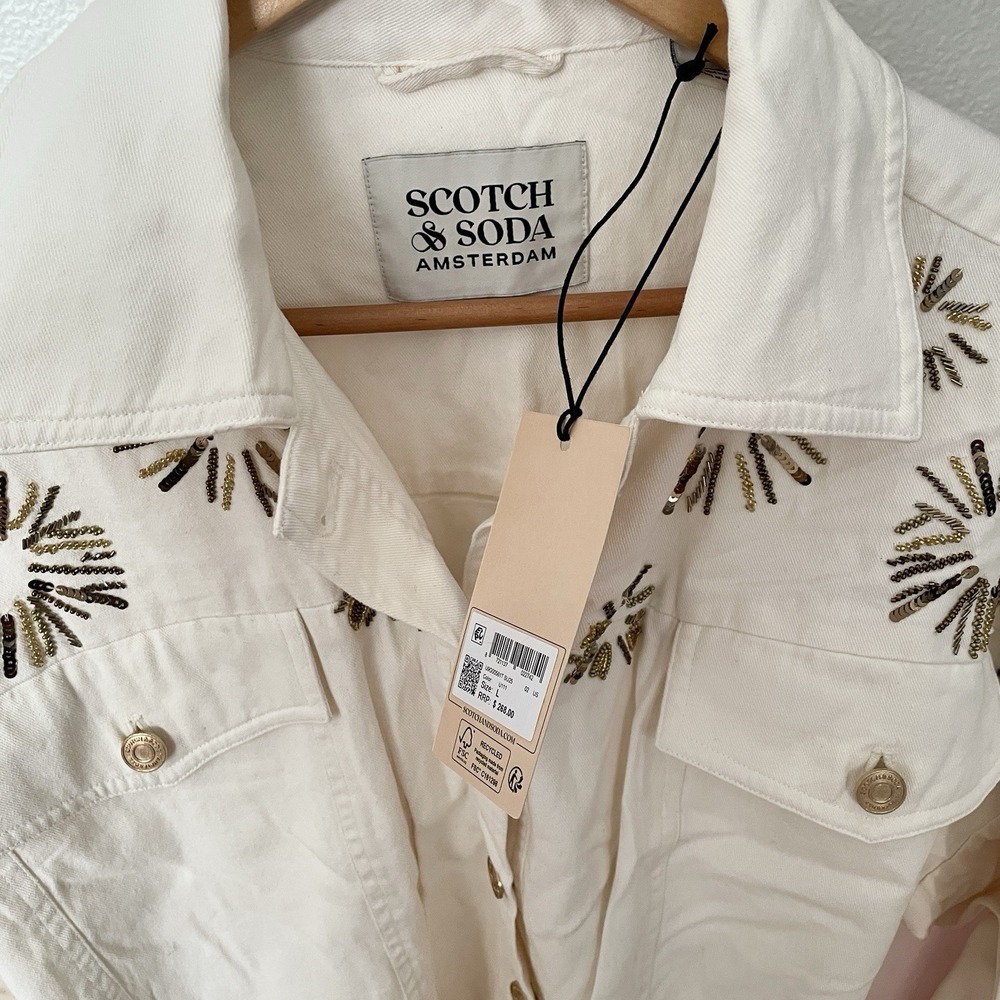 Scotch & Soda Amsterdam Trucker Cream Denim Jacket‎ Embellished Belted Large - Picture 8 of 11